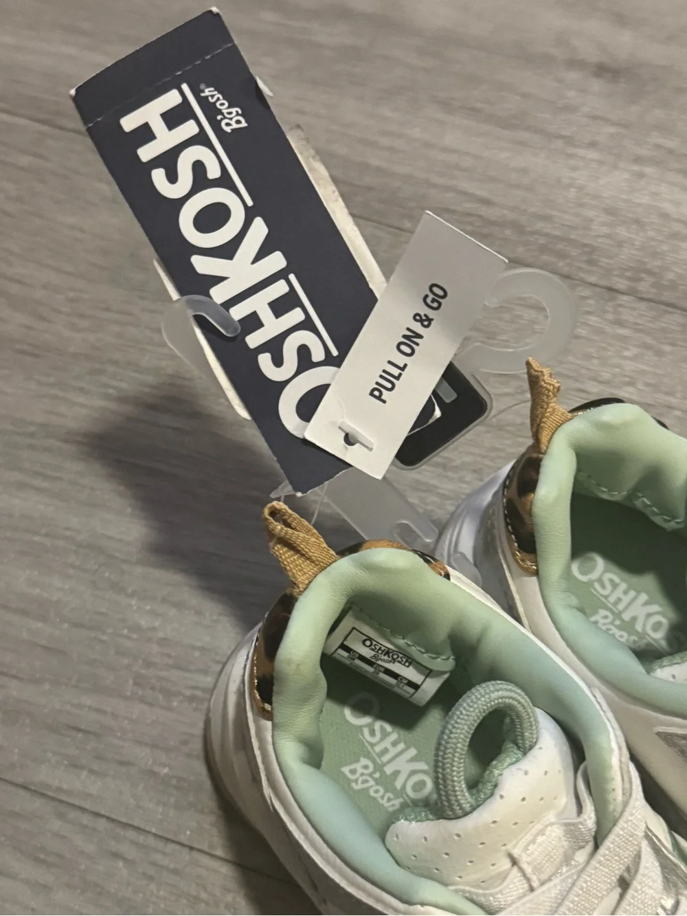 OshKosh B'gosh Mint Green & White and cheetah print Kids Pull-On Sneakers